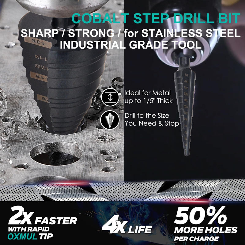 Step Drill Bit for Metal,1-3/8",Cobalt Drill Bits, | Heavy Duty for Stainless Steel, Hard Metal, Aluminum, Copper, Industrial Grade,5-Steps. Co138Z 7/8" to 1-3/8"