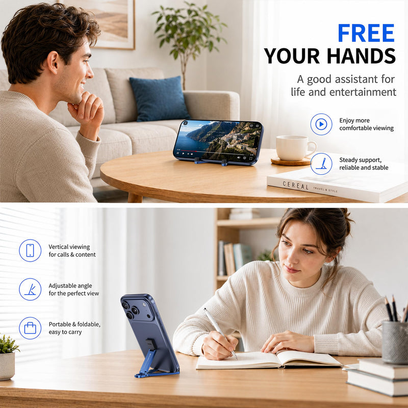 Portable Foldable Pocket Phone Stand with Keychain for Desk Travel(Blue) | Mini aluminum, adjustable kickstand, lightweight metal, slim compact for office, plane Blue