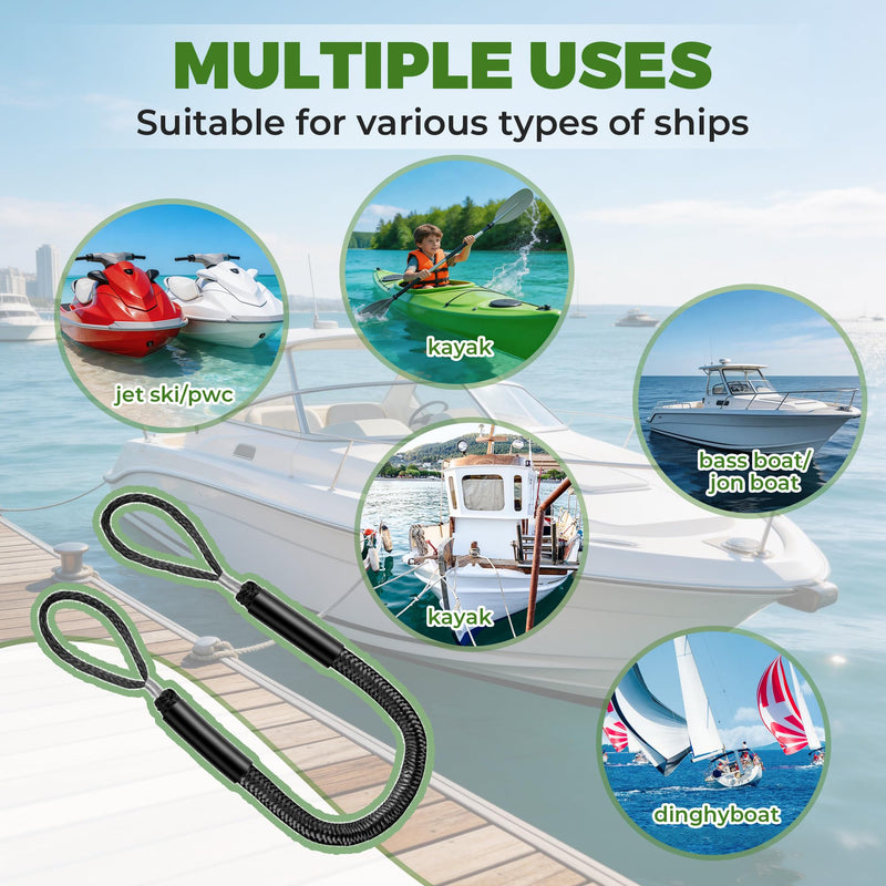 Bungee Dock Line for Boats 4FT Stretchable Boat Dock Lines with Built-in Bungee Cord Foam Floats Quick Dock Rope for Jet Ski Pontoon Kayak Elastic Boat Docking Line Boating Gifts for Men 4P Black Black 4P