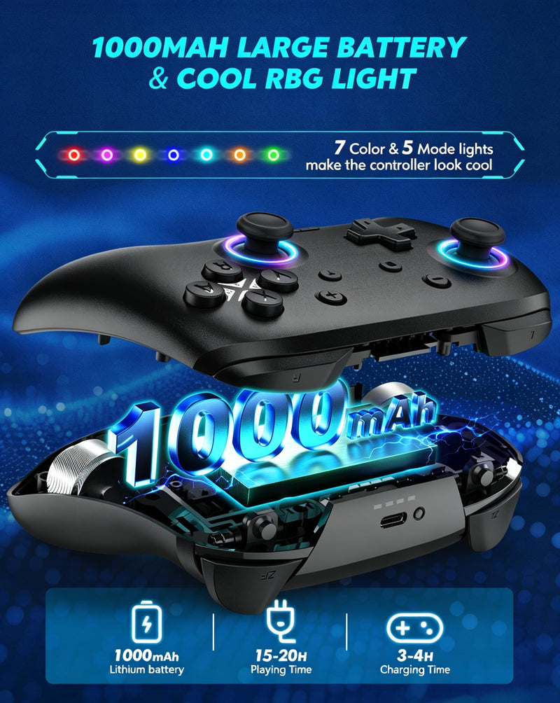 Switch Controller, Wireless Bluetooth Controller for Nintendo Switch 2/Switch/Lite/OLED, game controllers Compatible with iPhone/Mac/iPad/iOS/Android/Phone/PC/Steam and TV with Rotary Motors, RGB Hall Effect Joysticks/Macro Back Buttons/Turbo Modes/6-A...