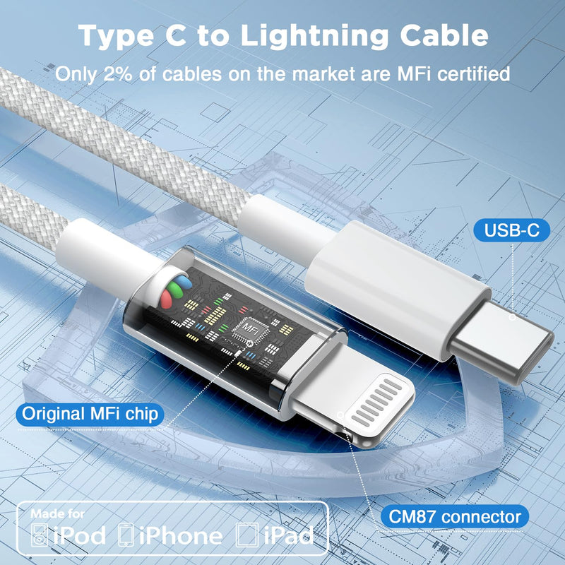 2Pack 20W New Braided USB C to Lightning Cable for iPhone14/13/12 Fast Charger Cord 6FT+10FT [Apple MFi Certified],iPhone Charger Fast Charging Apple Charging Cord for iPhone14 13 12 11 Pro Max White
