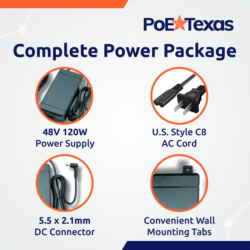 PoE Texas 48 Volt 120 Watt DC Power Supply with Wall Mount Tabs - Compatible with Power Over Ethernet Injectors, Switches, and Other Applications - 100-240V AC Input - 5.5X 2.1mm DC Barrel Connector 48V 120W
