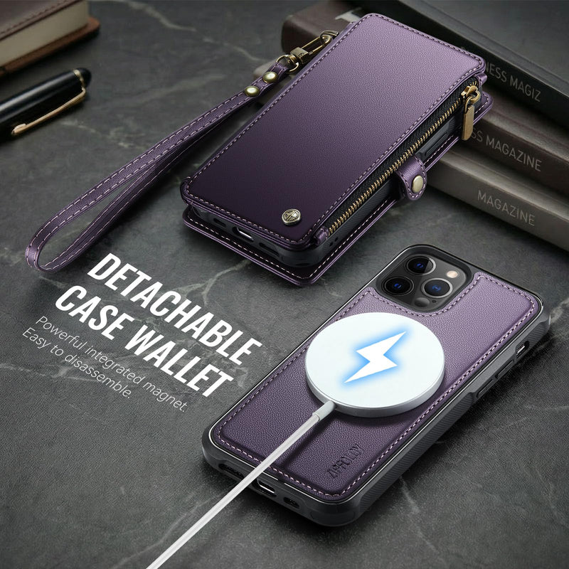 for iPhone 13 Pro Max - Phone Case Wallet Magnetic, Purple | Compatible with Magsafe, Detachable, RFID Blocking Card Holder, Zipper Pocket, Wrist Strap, for Women Men, Durable PU Leather Deep Purple