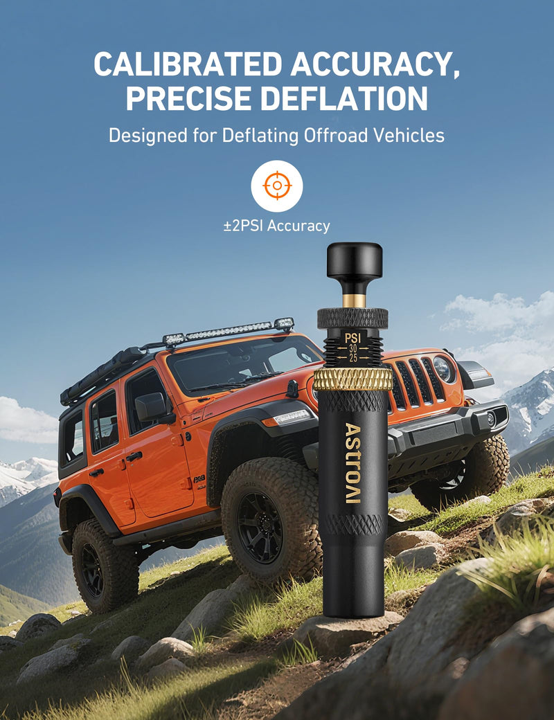 AstroAI Tire Deflator Kit 4-Pack, Automatic Anti-Corrosive Screw-On Air Down Tool Adjustable 10-30 PSI for Off-Road Vehicle SUV 4x4, Includes 4 Valve Caps Zipper Closure Bag