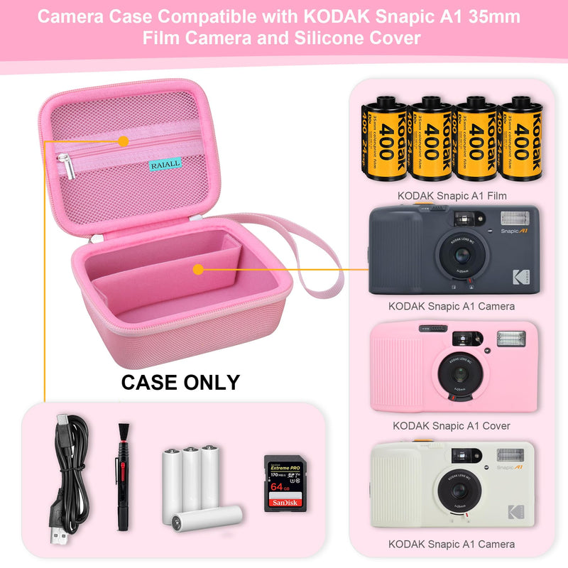 RAIALL Case for KODAK Snapic A1 35mm Film Camera and KODAK Film, Pink | Hard Carrying Case Protective Travel Bag for Kodak Ultramax 400 35mm Color Print Film, Mesh Pocket for Batteries