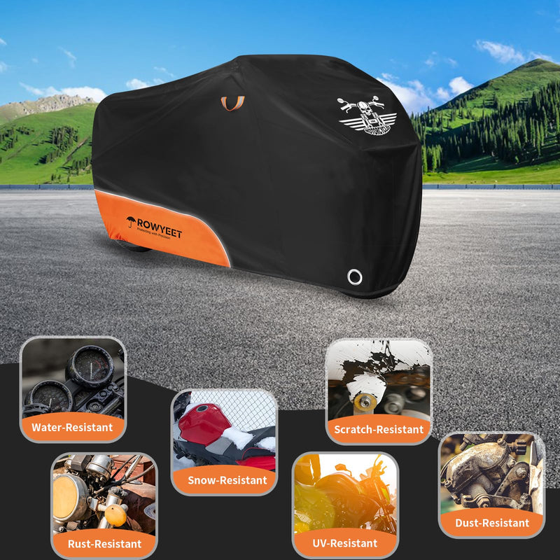 Motorcycle Cover Waterproof Outdoor Storage with Lock-Holes, Zipper Storage Bag & Night Reflective Design, All Season Protection Powersports Vehicle Covers Fits up to 96.5" Motorcycles 210D Orange 96.5"