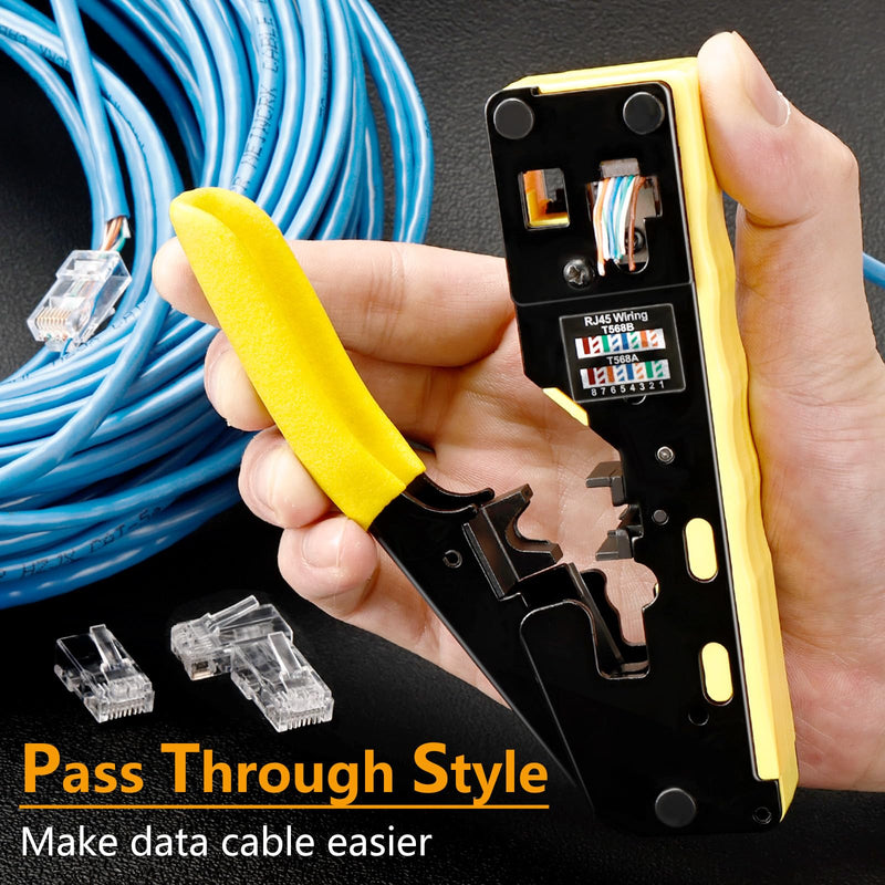 Solsop Pass Through RJ45 Crimp Tool Kit All-in-One Ethernet Crimper Cat7 Cat6 Cat5 Crimping Tool with Network Cable Tester, 50-Pack Cat6 RJ45 Pass Through Connector, 50-Pack Connector Boots RJ45 Crimper Set Yellow-A