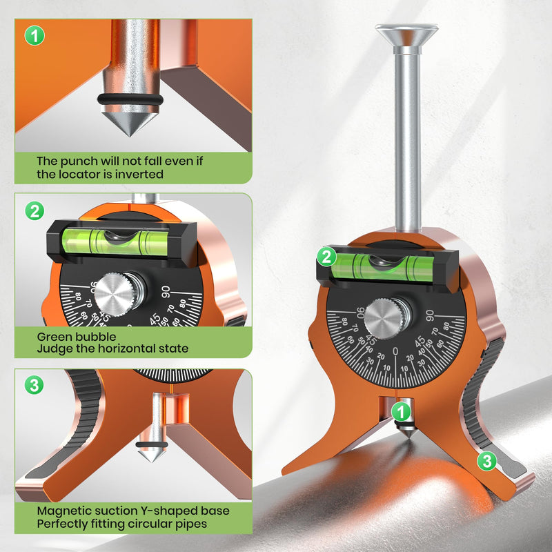Upgraded Pipe Center Finder, Y-Shape Base with Fully Embedded Magnets, Dial Bubble Protractor – No Tools,Pipe Marking Tool for 0.4" and Above, Pipefitter Tool for Accurate Center Marking