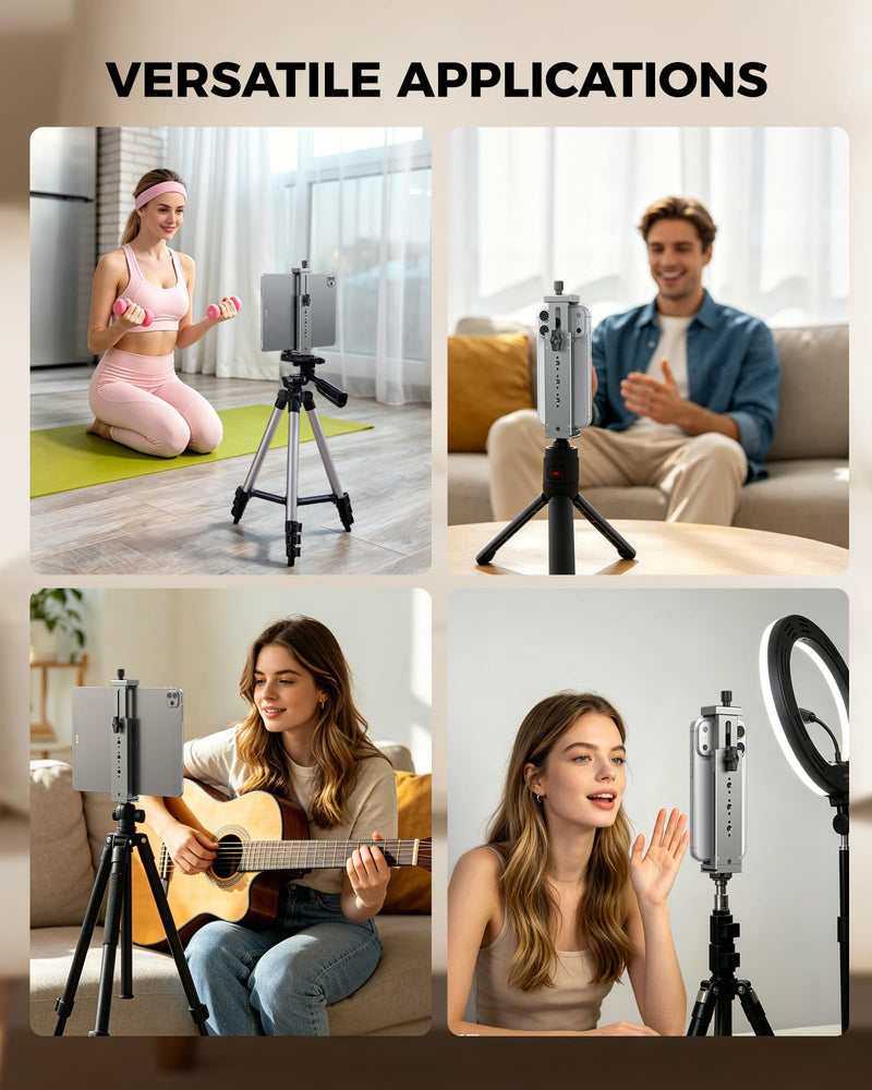 Aluminum iPad Tablet Tripod Mount Adapter - Adjustable 13.5-22cm Clamp Range with 1/4" Thread, Arca Swiss, Cold Shoe - Universal Tablet Holder for iPad, Video Recording, Photography