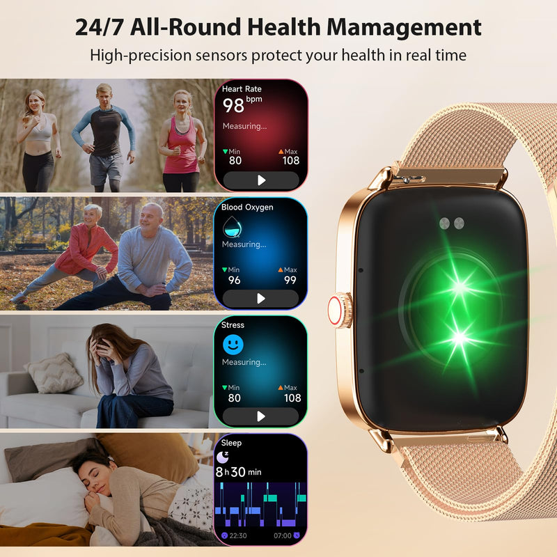 Gydom smart Watches for Women, 1.85" HD Fitness Tracker with Bluetooth Call | 110+ Sports Modes, Heart Rate, SpO2, Sleep & Stress, IP68 Waterproof, 7-10 Day Battery, Android/iPhone, Gold Steel Band Rose Gold 1.85 inches