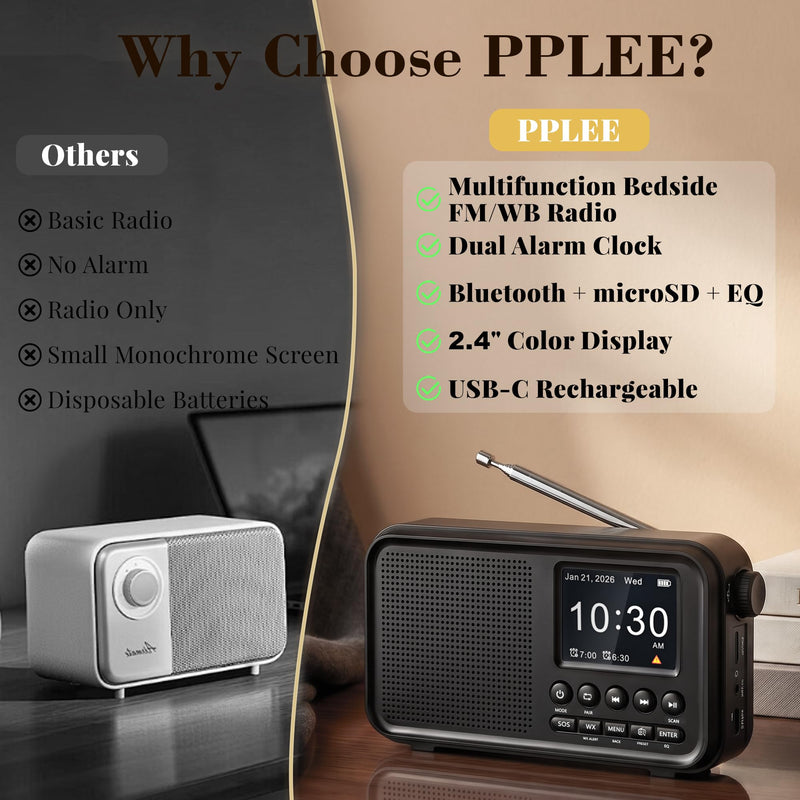 PPLEE Portable FM Radio with Bluetooth, NOAA Weather Alert, Dual Alarms | 2.4" Color Display, USB-C Rechargeable Battery, microSD Music, EQ Sound, FM/WB Radio for Bedroom Office Travel Black