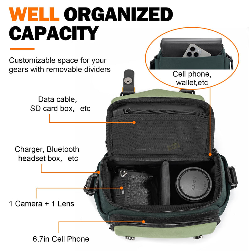 Cwatcun Compact Camera Sling Bag, Small Crossbody Case with Tripod Holder | Camera Messenger Bag, Photography Bag for Canon, Nikon, Sony, Fuji DSLR/SLR/Mirrorless, Lens.Fits 1DSLR+1lens Green S