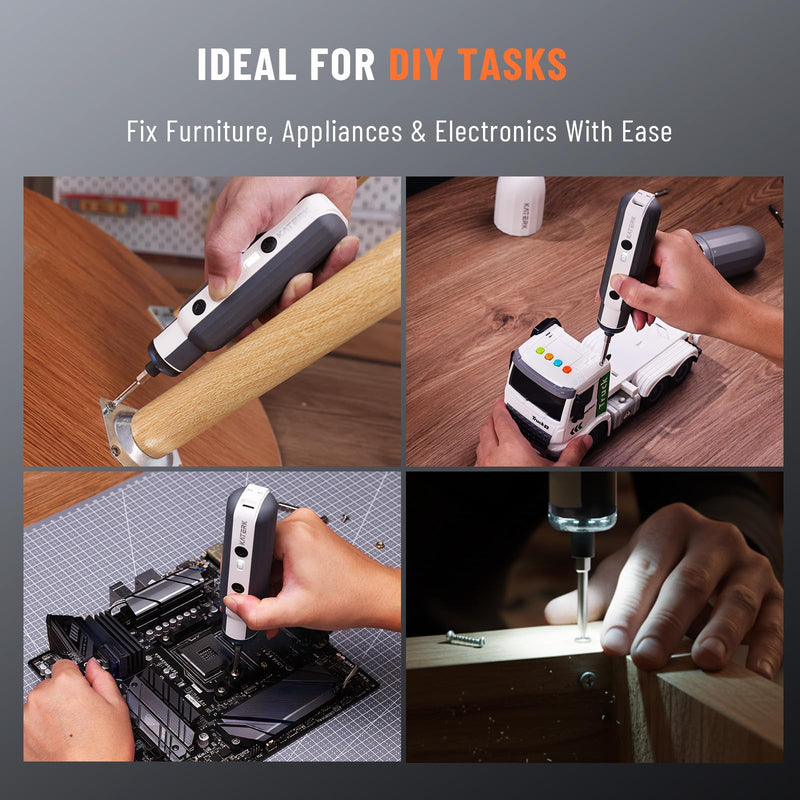 Katerk Gift for Dad, Father's Day Gifts Kit, Cordless Electric Screwdriver, Sleek White Power Tool Driver, Adjustable Torque, Extended Runtime, LED Light & 12 Bits, Home Electronic Repairs