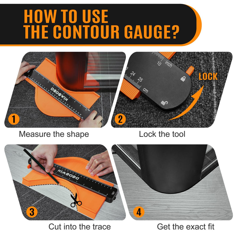DODOWIN 10+5 Inch Contour Gauge with Lock, Dual Size Profile Duplicator Tool for Flooring, Tile, Woodworking & Irregular Shapes, Shape Outline Gauge, Father’s Day Gifts for Dad Men Husband Orange-10+5 In.