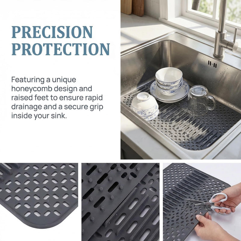 Silicone Sink Mat - 17x13, Non-Slip Kitchen Sink Protector, Grey | Non-Slip, Kitchen Sink Protector Type E-Grey