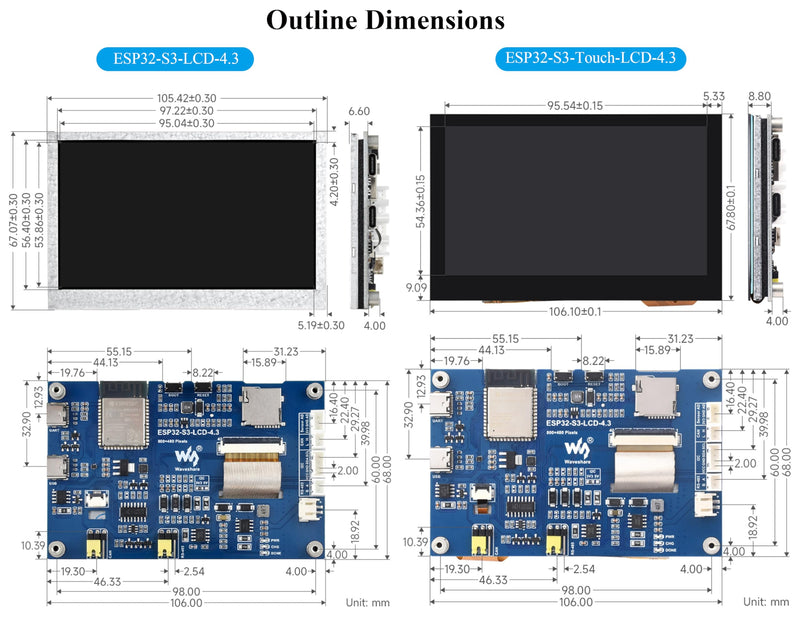 ESP32-S3 4.3inch Display Development Board, 800x480 Pixel IPS LCD Screen, 32-bit LX7 Dual-Core Processor, Up to 240MHz Frequency, Onboard CAN RS485 I2C Interfaces, Support W F& BLE 5 (No Touch)