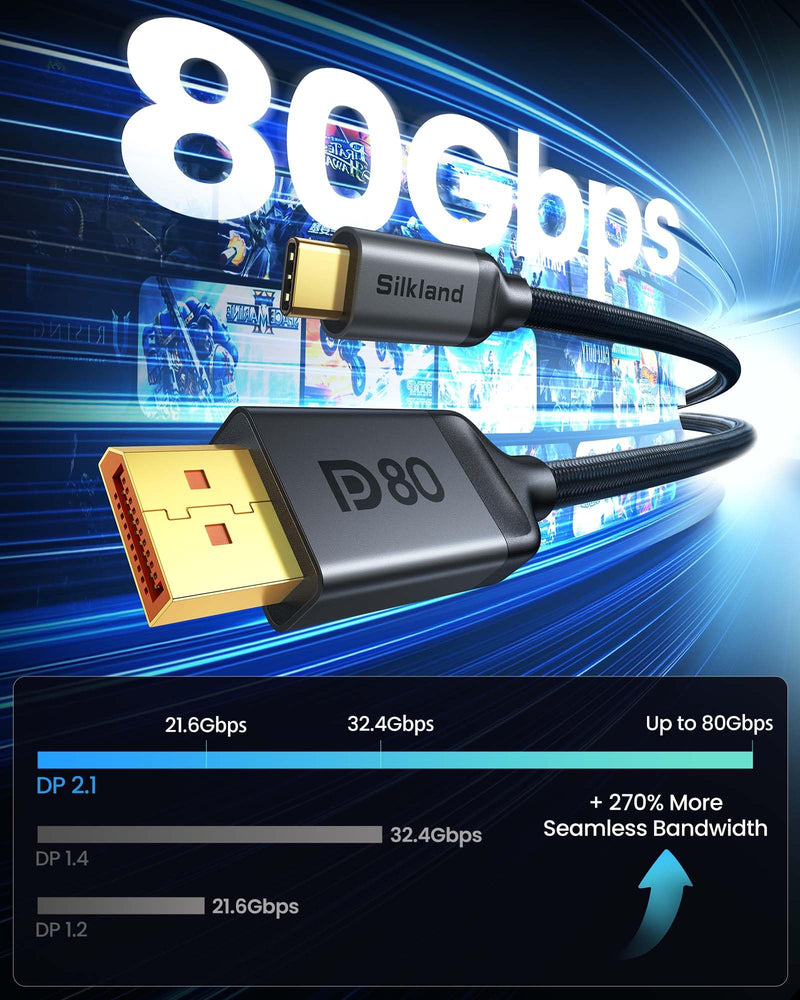 Silkland 80Gbps USB C to DisplayPort 2.1 Cable [16K@60Hz, 8K@240Hz, 4K@540Hz], Unidirectional Thunderbolt 5/4 to DisplayPort, USBC to DP for MacBook, Mac mini, Odyssey G8/G9, iPhone 17, 6.6FT 6.6 Feet