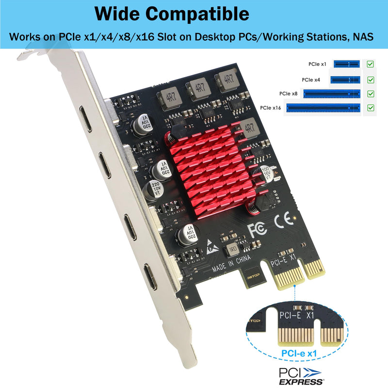 USB C PCIe Card, RIITOP PCIe x1 to 4Ports USB 3.2 Gen1 Type-C Expansion Adapter (No Additional Power Required)