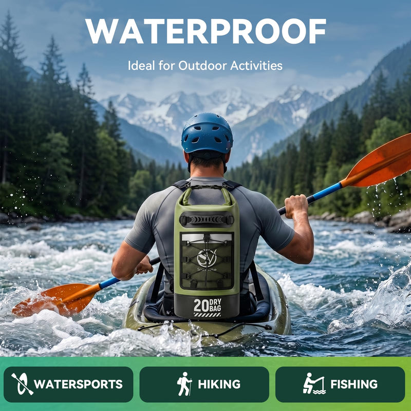 Waterproof Dry Bag - Waterproof Floating Backpack for Kayaking, 10L/20L/30L Waterproof Pouch for Beach,Travel, Swimming, Boating, Paddle Board, Rafting, Camping, Hiking Green 20L