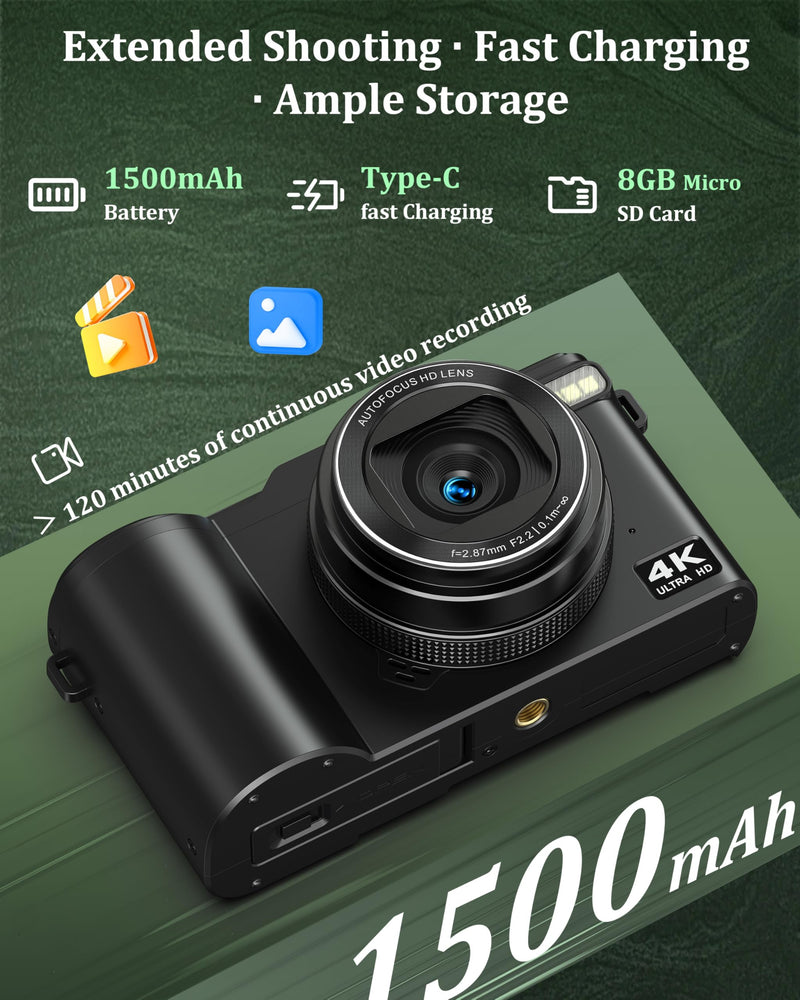 4K Digital Camera for Photography, 64MP Vlogging Camera for YouTube with 180° Flip Screen, 18X Zoom UHD Autofocus Video Camara, Compact with Micro SD Card for Teens, Boys & Girls, Beginners Black