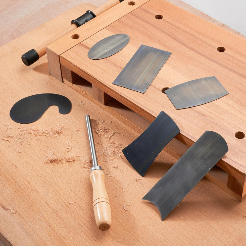 Cabinet Scraper Burnisher with 6 Piece Multi-Shaped Scraper Set 1 Oval 2 Double Convex/concave 1 Rectangle 1 Curved and 1 Gooseneck Scraper (Blue Spring Steel) Blue Spring Steel