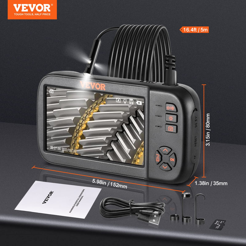 VEVOR Triple Lens Endoscope Camera, 4.5" IPS Screen Borescope Inspection Camera with 1080P Lens, 10 Adjustable Light, 2860 mAh Battery, Waterproof & Oilproof Endoscope for Auto, Wall, Drain Inspection 4.5 inch Screen - 16.5 ft