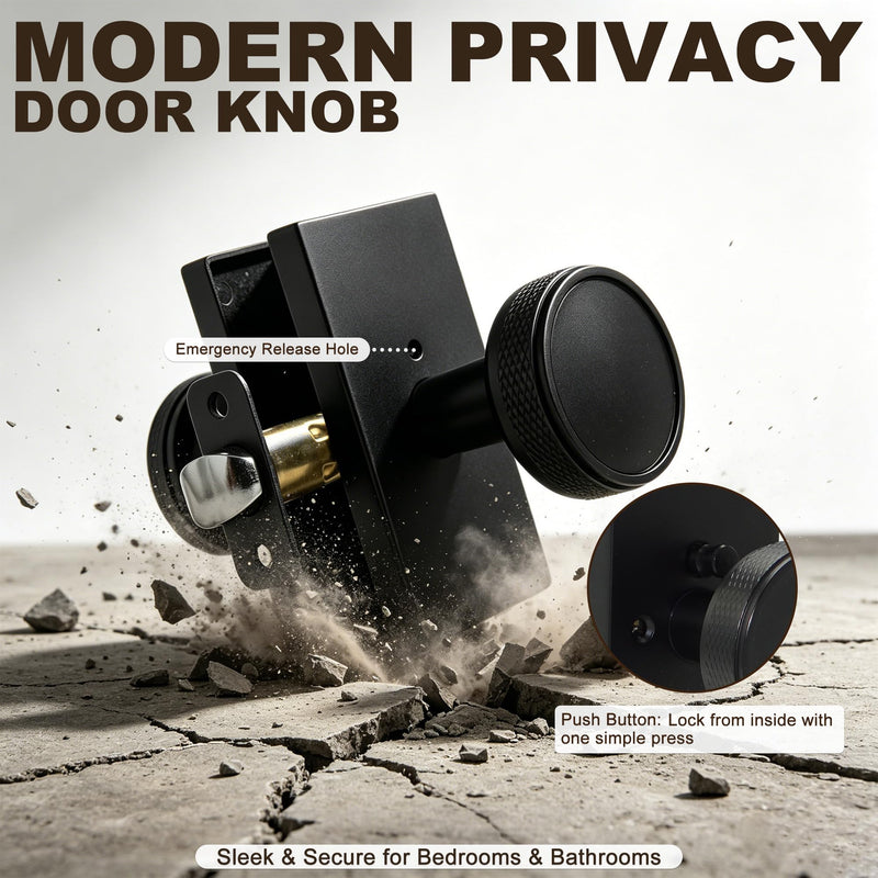 Black Door Knob with Lock, Interior Door Knobs for Bedroom and Bathroom | Zinc Alloy Privacy Door Handle, Knurled Solid Door Knob with Large Backplate, Heavy Duty Interior Door Knobs with lock Black 1