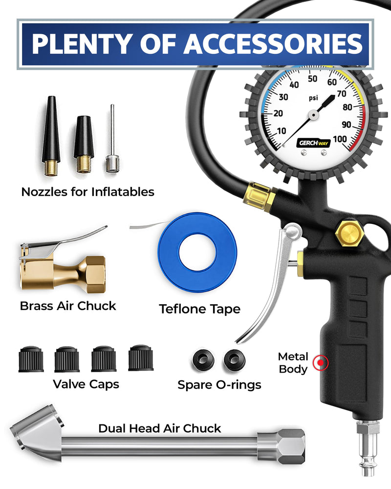 Tire Inflator with Pressure Gauge – Large Glow Dial, Swivel Air Chuck with Gauge and Air Compressor Accessories – 100 PSI Analog Pro Set