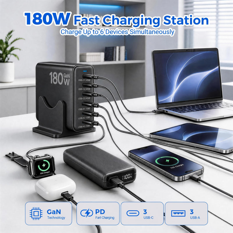 180W GaN USB-C Charging Station, 6-Port Desktop Charger | 180W GaN, 3x45W USB-C + 3x15W USB-A, charge 6 devices, desk/travel, iPhone iPad Galaxy, USB charging station