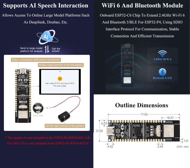 AI ESP32-P4-WIFI6 Development Board with Pre-Soldered Header, Based On ESP32-P4 and ESP32-C6, Supports Wi-Fi 6 and Bluetooth 5 / BLE, Rich Human-Machine Interfaces, Supports AI Speech Interaction