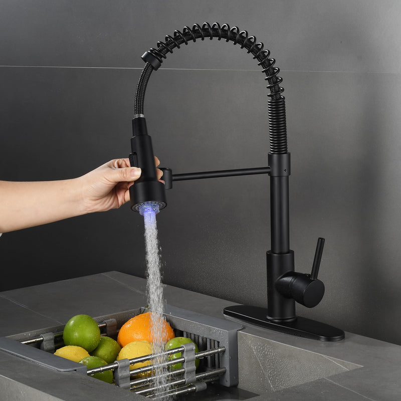 kitchen faucet LED spray head，3-Function Prevent burns spray head，9/16-13/16 IN standard size adapter, replacement sink pull-down faucet, spring single handle faucet(Matte black) Matte Black