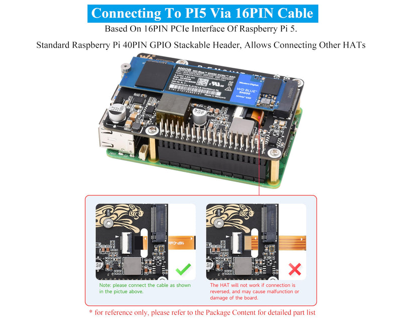 PCIe to M.2 Adapter with PoE Function Compatible with Raspberry Pi 5, Pi 5 NVMe PoE HAT+ Support NVMe M.2 Solid State Drive SSD 2230/2242/2260/2280, High-Speed Reading/Writing