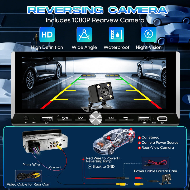 6.9" Single Din Radio Support Wireless Apple Carplay & Android Auto | Touchscreen Car Stereo with Bluetooth,1080P Backup Camera ,Mirror Link FM EQ SWC Navigation USB Type-C Fast Charging