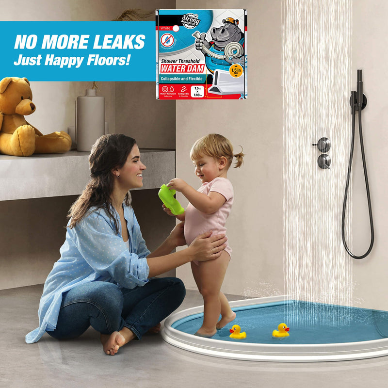 Shower Threshold Water Dam Barrier 67" - White Collapsible Shower Water Blocker - Shower Guard for Walk in Shower - Water Guard Stopper for Floor - Shower Dam - 1.5" Tall - By Hippo Dam 67 In