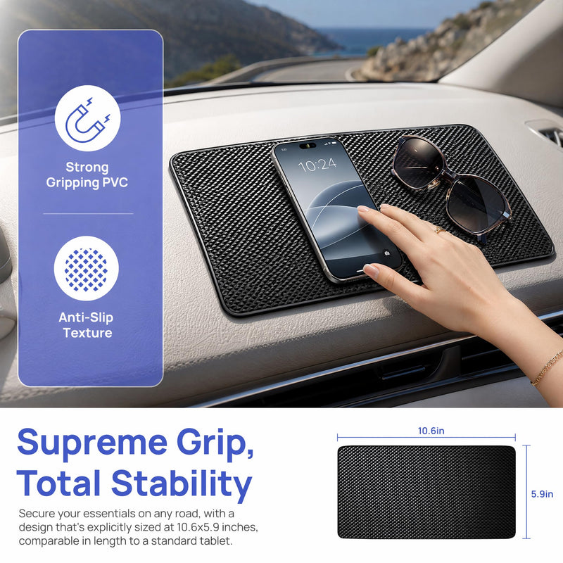 Car Dashboard Anti-Slip Mat, 10.6" x 5.9" Sticky Dashboard Pad, Multifunctional Non-Slip Grip Mat for Cell Phone Keys Sunglasses GPS, Universal Car Interior Accessories (Grid)