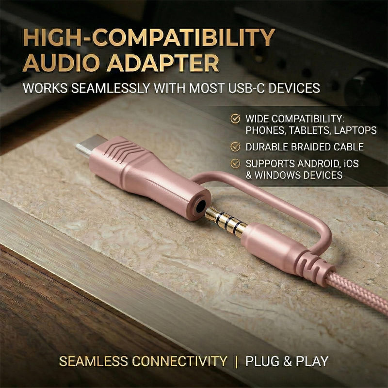 Wired Over-Ear Headphones, Mic, 3.5mm Jack, USB-C Adapter, Gold | Foldable over-ear headphones with soft cushions, inline mic, 3.5mm jack, and USB-C adapter for school, office, and travel.