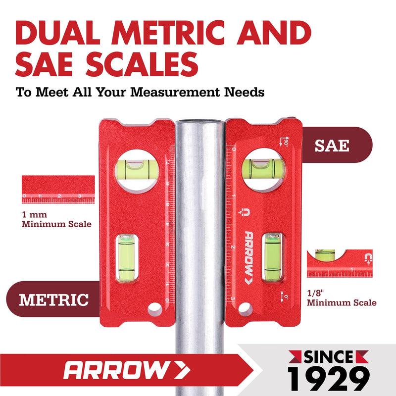 ARROW 4-Inch Torpedo Level, Small Magnetic Leveler Tool with 0°/90° Bubbles, Top-view Window, Aluminium Alloy Frame, Dual SAE and Metric Scales 4 inch