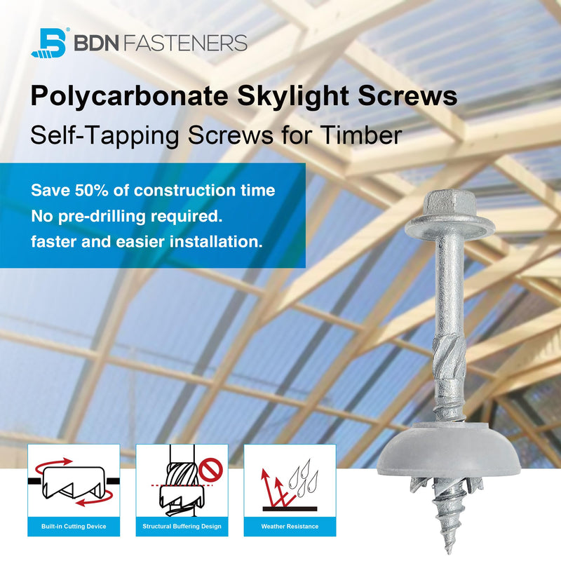 Polycarbonate Skylight Screws for Fixing to Wood - Hex Flange Head, Self-Tapping, #12×2"(12-11x50mm), 50pcs