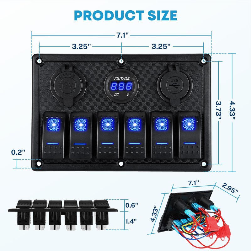 Kohree 6 Gang Marine Boat Rocker Switch Panel Waterproof + USB Switch, 12 Volt RV Led Switch Panel for Marine Boat Car Truck, Digital Voltmeter Display QC3.0 Dual USB Charger Port DC 12V Socket 12/24V
