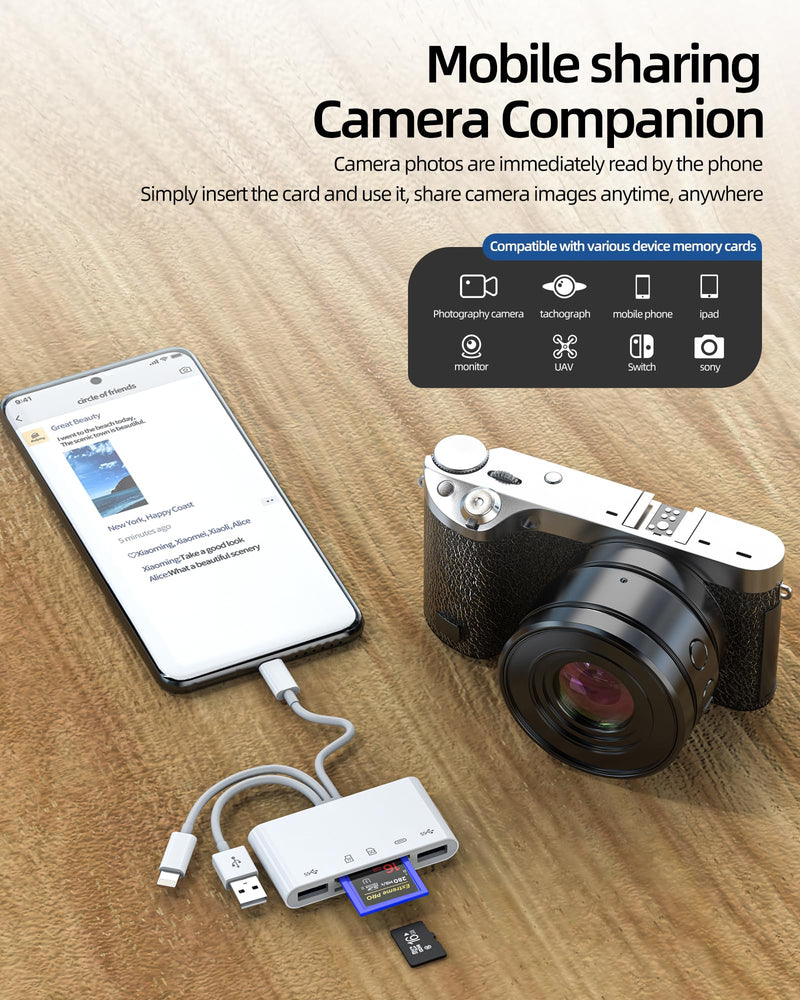 Lightning USB C USB Adapter SD and Micro SD Card Reader OTG 5 in 1 for Apple for iPhone16 15 14 for iPad PC Camera Memory Card TF Photo Transfer USB Flash Drive