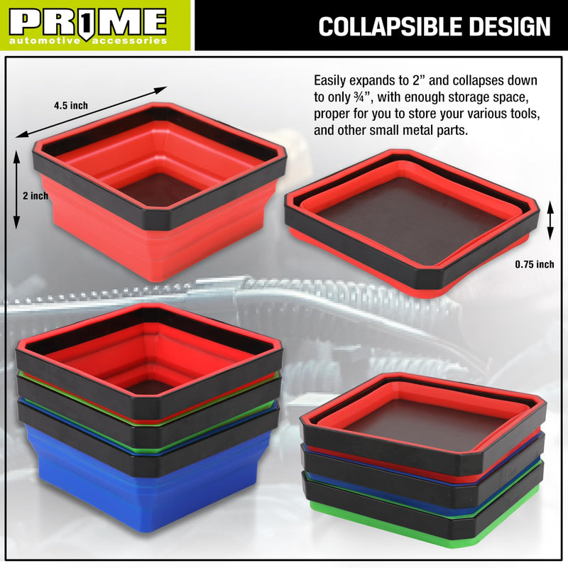 PR1ME Upgrade Collapsible Magnetic Parts Tray Set, 3 Pack, Foldable Magnetic Tool, 4.25 inch Square Silicone Bowls with Magnetic Base Stores and Organizes Small Parts and Tools Upgrade Trays