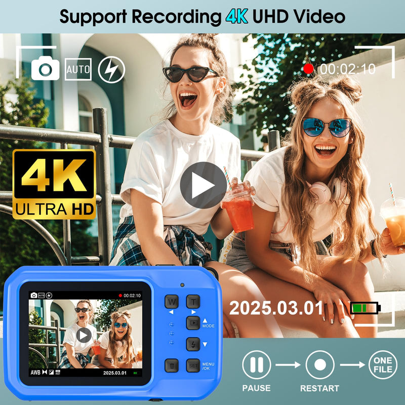 4K Underwater Camera, 64MP 16FT Waterproof Camera w/16GB Card | Floatable Digital Camera, 16X Digital Zoom, Auto Focus, Fill Light, 650mAh Battery