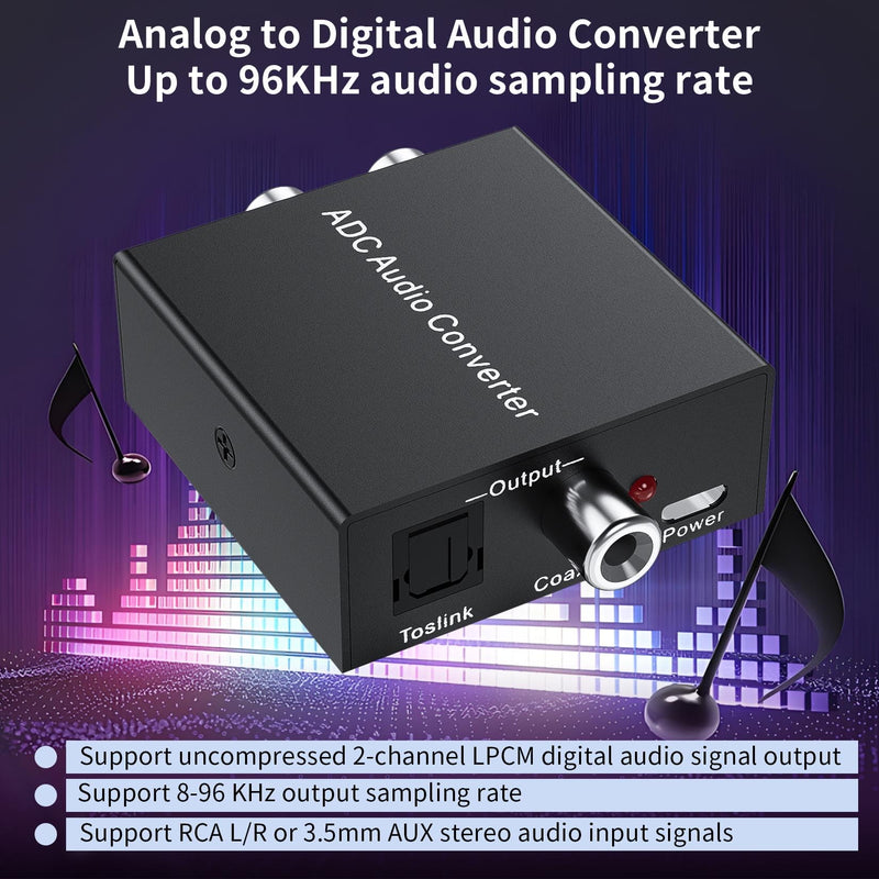 Analog to Digital Audio Converter Fits for RCA to Optical Coaxial, R/L or 3.5mm Jack AUX to Digital Coaxial & Toslink SPDIF Audio Converter Adapter for PS4 Xbox HDTV DVD Amplifier Speaker Soundbar