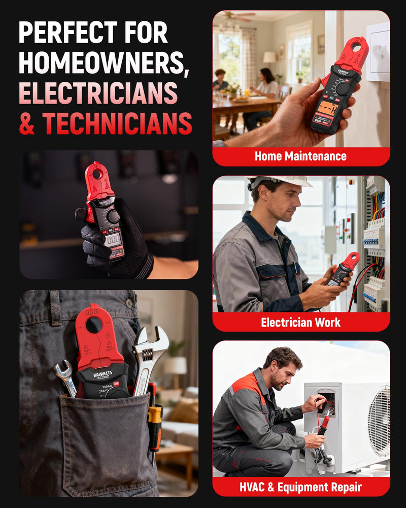 KAIWEETS Digital Clamp Meter with Round Jaw, Automotive Multimeter, NCV, 2000 Counts, Amp Voltmeter, Accuratly Measure AC/DC Current & Volatge, Resistance, Diode, Capacitance, Continuity, Frequency Red