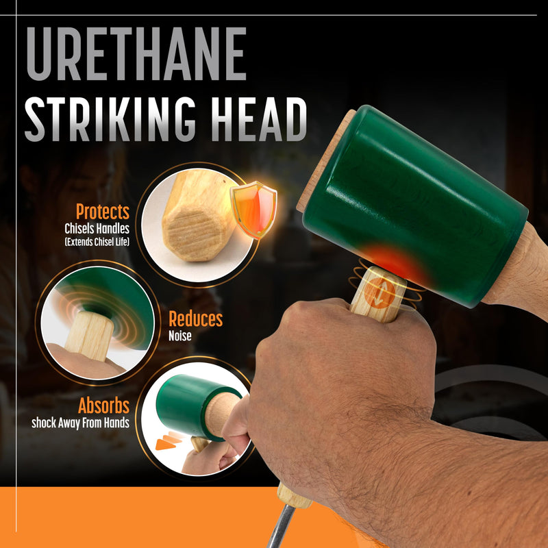 Precision Wood Carving Mallet 15oz for Woodworking, Comfortable Wooden Handle Reduces Hand Fatigue, Non-Marring Urethane Head Protects Tools, Chisel Hammer from Schaaf Tools Green Medium