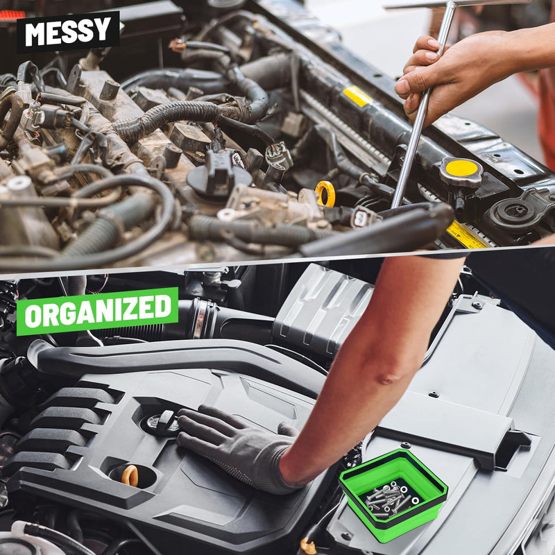 Magnetic Parts Tray 4-Pack – Collapsible Tool Holder for Screws & Bolts | Double-Sided Magnets, 4.5" Bowls, Collapsible, Scratch-Proof, Heat-Resistant, Green, for Workshop, Auto & Home
