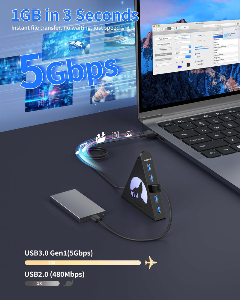 7-Port USB 3.0 Hub, Vertical USB Hub Splitter with RGB Lighting,5Gbps High-Speed Data Transfer and 2FT Extension Cable, Compatible with PC, MacBook, Laptop, PS5, Xbox, Flash Drive, Printer Black