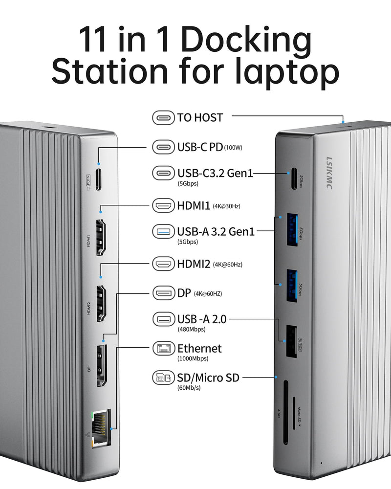 Laptop Docking Station Dual Monitor｜USB C Dock for Triple Display｜11-in-1 Computer Dock w/ 3 Monitors Support, 100W PD, Dual HDMI+DP, SD/TF, Ethernet & 4 USB Ports Audio/Mic for Windows Laptop 11 Ports 2 HDMI + 1 DisplayPort+4 USB