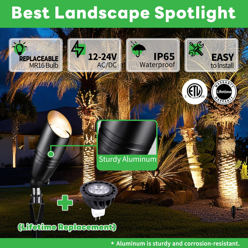 Low Voltage Landscape Spotlights, Black Outdoor LED 12V LED Lights, Waterproof Aluminum Uplighting for Tree House Garden with 5W MR16 Bulb 2700K Black (with 2700K Bulb) 1 Pack