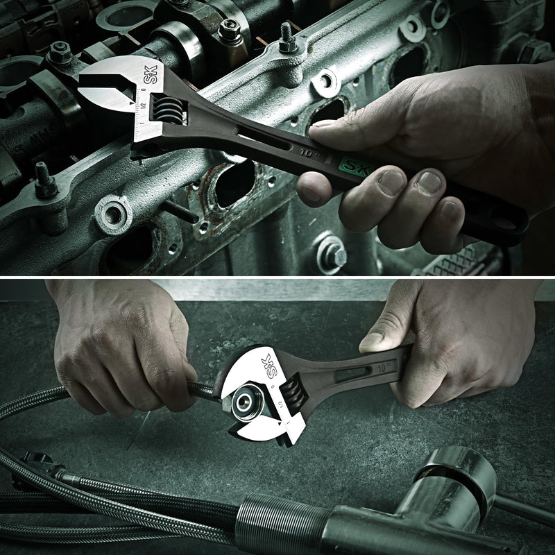 SK 10-Inch Adjustable Wrench, 2.6X ANSI Standard Strength, Heavy-Duty High-Torque, 1.31 '' Jaw Capacity, Cr-V Steel, Black Phosphate Finish, SAE & Metric Scale